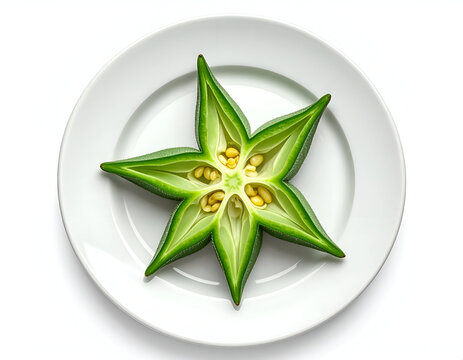 A geometric star starburst arrangement of fresh green sliced okra pods and starfruit on a white ceramic plate