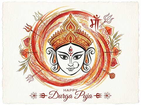 Happy durga puja greeting card with goddess durga face and traditional symbols