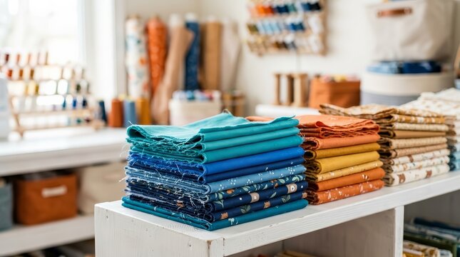 Several stacks of colorful fabric scraps for needlework and sewing hobbies.