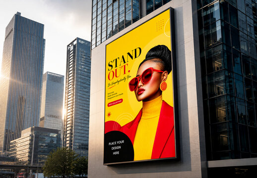 Large Vertical Billboard Mockup on Modern Glass Skyscraper Building