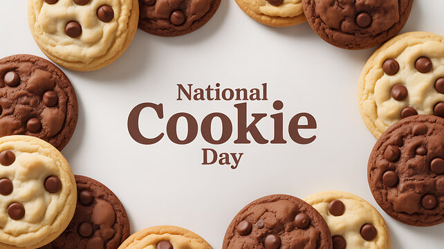 National Cookie Day celebration with chocolate chip and chocolate cookies arranged in a circular pattern on a white background