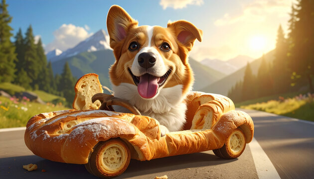 Dog driving bread car mountain landscape