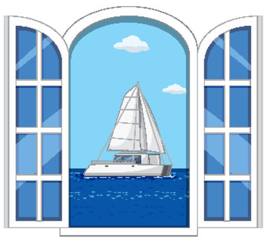 White Sailboat on Blue Sea Viewed Through Arched Window Frame