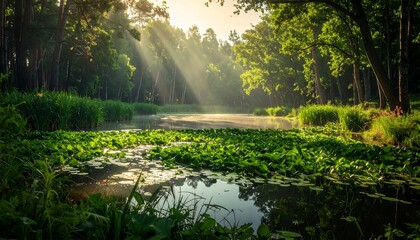 Fototapeta premium Lush Forest Pond Glowing with Sunbeams in Tranquil Morning Light