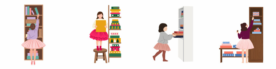 Set of flat illustrations showing young girls organizing books and boxes on various bookshelves and furniture in a minimalist style. © Jayadi