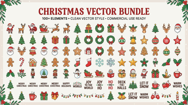 Christmas greeting card set with Christmas tree Santa Claus snowman winter holiday vector illustration cute festive decoration design
