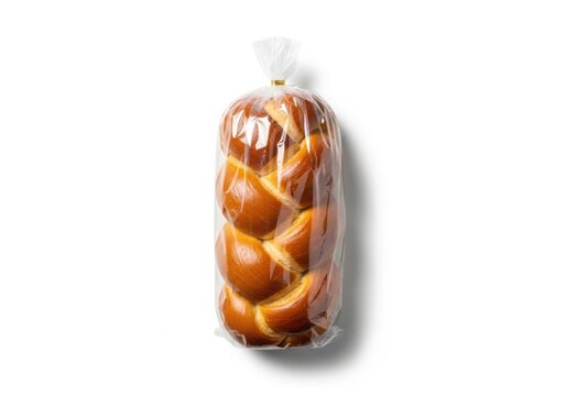 Golden braided challah bread loaf in clear plastic packaging