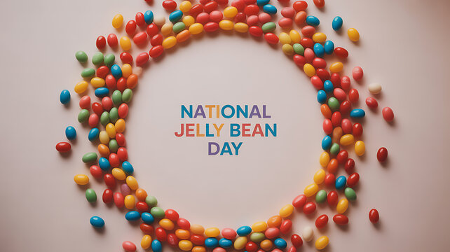 Colorful jelly beans arranged in a circle with 'National Jelly Bean Day' text in the center