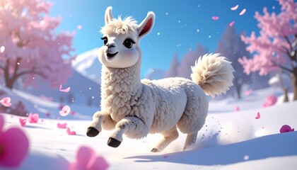 Obraz premium A white llama runs through snowy landscape.