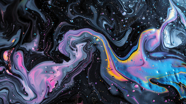 黒いマーブル模様に虹色の光が流れる抽象背景、幻想的で高級感のある流体アート素材