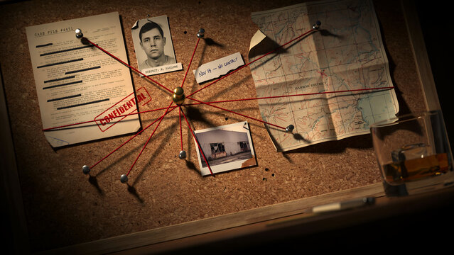 Detective cork board with a suspect confidential documents, and a map connected by red string to solve a criminal investigation case