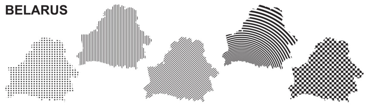 Belarus map silhouette vector, isolated country outline graphic set, 5 black design templates with dots stripes and checkered patterns, geometric abstract digital layout element