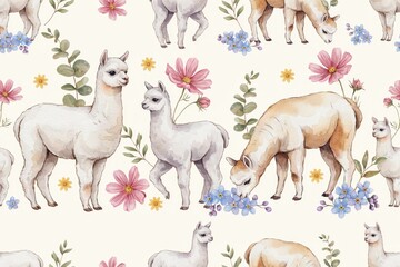 Fototapeta premium Seamless pattern featuring cute white alpacas, soft pink cosmos flowers, small blue forget-me-nots, and green eucalyptus leaves on cream