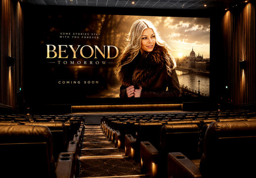 Realistic Large Cinema Movie Theater Screen Mockup with Coming Soon Poster