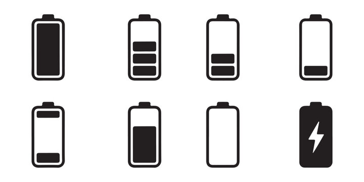 Collection of battery icons demonstrating different charge levels and states from empty to full with power symbol.