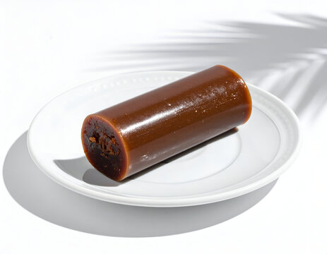 Minimalist traditional food photography highlighting a smooth dark brown cylindrical sweet paste block.