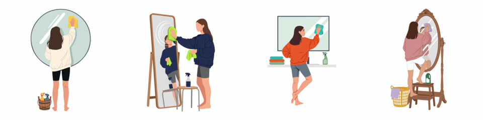Fototapeta premium Set of Illustrations Featuring Young Women Cleaning Different Types of Mirrors at Home, Highlighting Daily Chores and Household Maintenance.