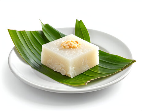 Square Block of Traditional Indonesian Steamed Coconut and Pandan Rice Cake Kue Talam on Banana Leaf