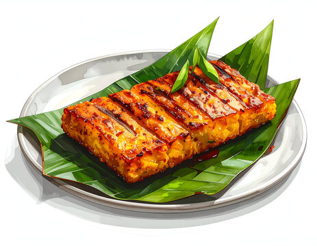 Traditional Indonesian Grilled Fish Cake Otak-otak Wrapped in Charred Banana Leaf Isolated on White Background