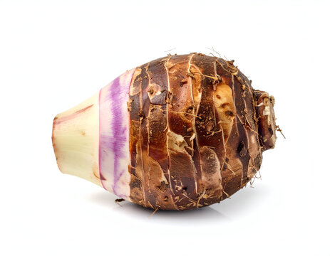 Single Whole Raw Taro Root Keladi Corm with Hairy Brown Skin Texture Isolated on White Background