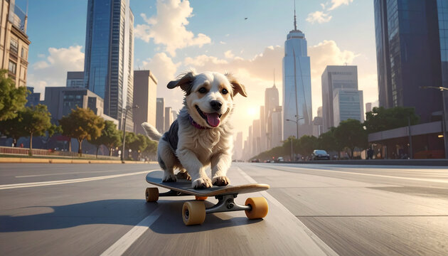 Dog skateboarding in city