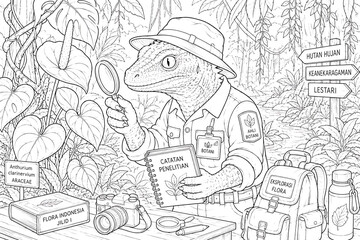 Fototapeta premium A frog explorer examines a leaf with a magnifying glass in the jungle.
