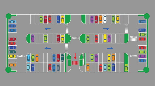 Parking lot layout top down vector illustration with directional arrows