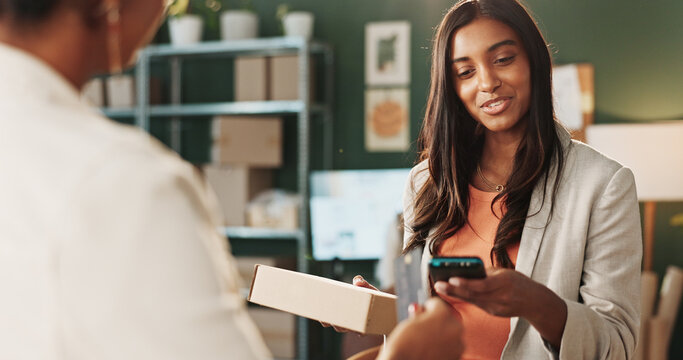 Woman, box or pos machine with customer for payment, small business logistics or ecommerce. Female person, package or parcel with smile, credit card or NFC for b2c or online shopping service in store