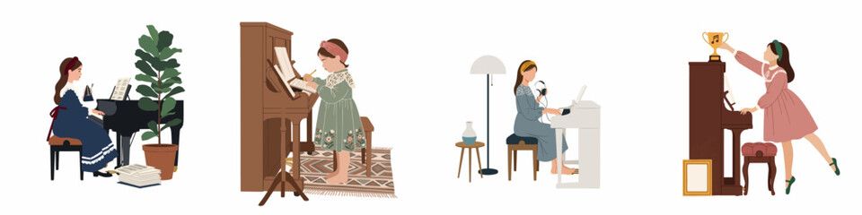 Flat illustration set of girls playing grand, upright, and digital pianos, writing sheet music, using technology, and celebrating a musical achievement with a trophy. © Jayadi