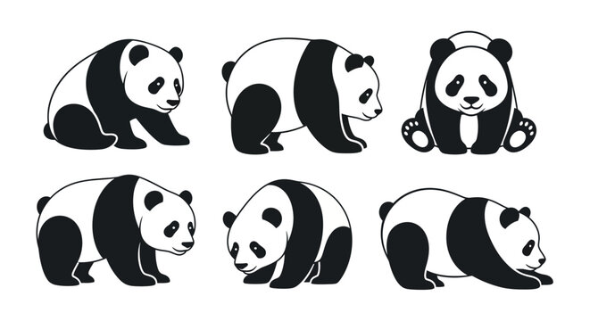 Cute black and white panda illustrations sitting and lying in various playful poses
