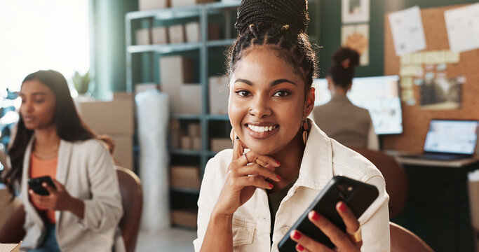 Woman, portrait and phone for small business with smile, owner and courier app for entrepreneurship growth. Person, mobile and colleagues at dropshipping startup with pride and tech for ecommerce