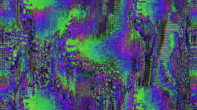 Abstract digital glitch texture with electric green and violet scanlines
