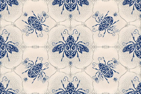 Seamless pattern featuring ornate blue beetles with intricate decorative patterns on a light cream background, with fine line work