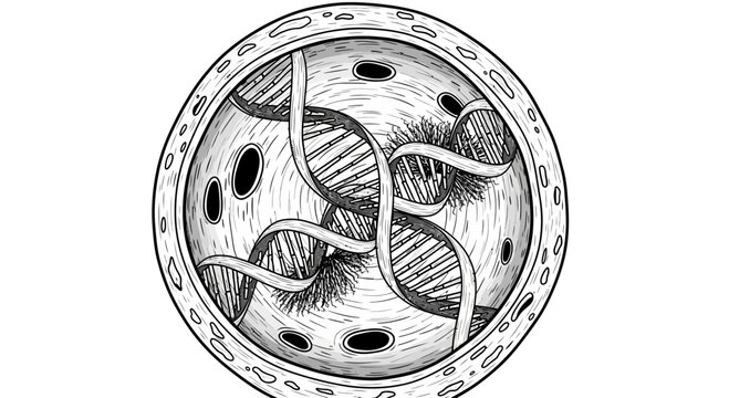 Black and White Illustration of DNA Strand inside a Cell Nucleus
