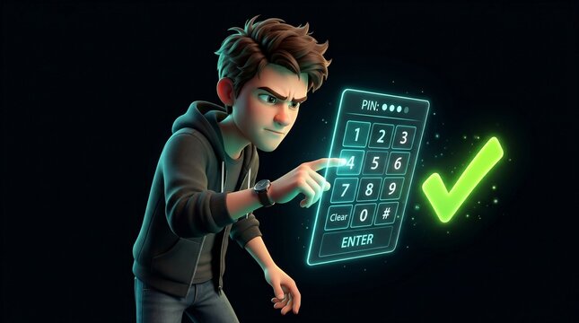 3D Animation of Young Man Using a Glowing Holographic Security Keypad to Enter a PIN Code