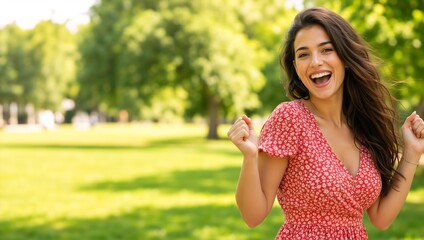 Fototapeta premium Joyful young woman celebrating success in a sunny park. Excited female in red floral dress cheering outdoors. Concept of happiness and achievement