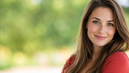 Fototapeta premium Smiling young woman with long brown hair in a green park. Close up portrait of a happy female model in a red shirt. Copy space for text