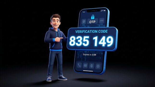 3D Illustration of Character Pointing to One-Time Password OTP Verification Code on Smartphone for Two-Factor Authentication Security