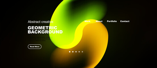 Naklejka premium Abstract design features vibrant color gradients, geometric shapes, text elements, dark background. Modern aesthetic for website or presentation.