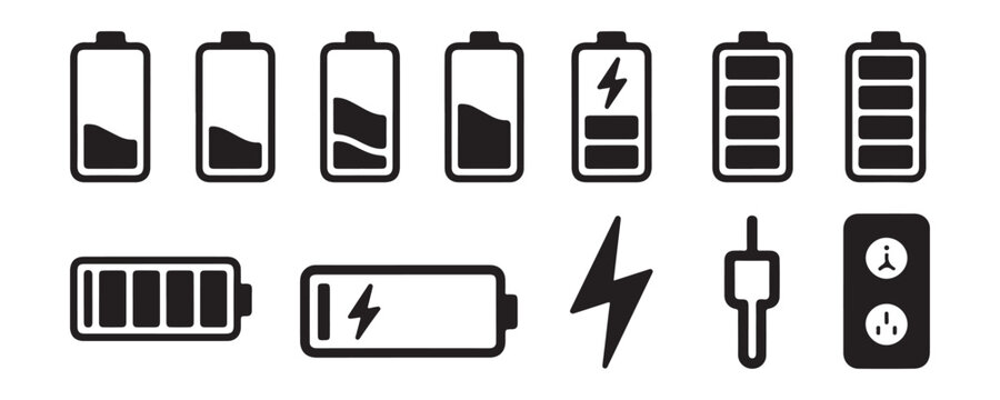 Collection of battery level icons showing various charge states from empty to full with power symbols and electrical plugs.