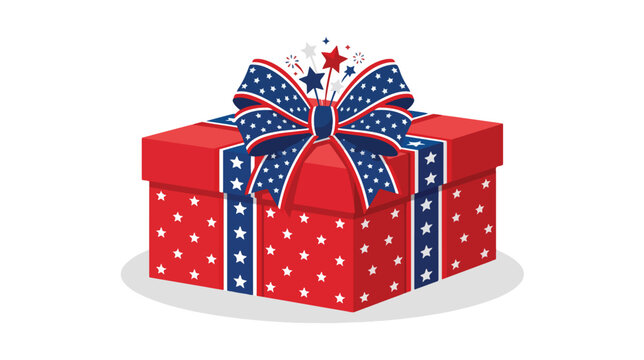 A red gift box with white polka dots, blue ribbon and bow with white stars and red, white, and blue stripes on top with exploding stars on American Independence Day