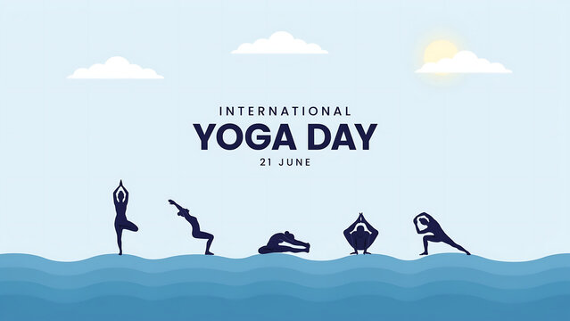 International yoga day banner with silhouettes doing asana poses, meditation