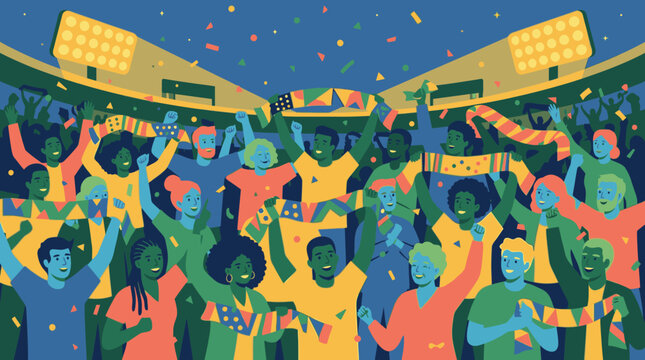 Colorful cheering crowd of enthusiastic sports fans.