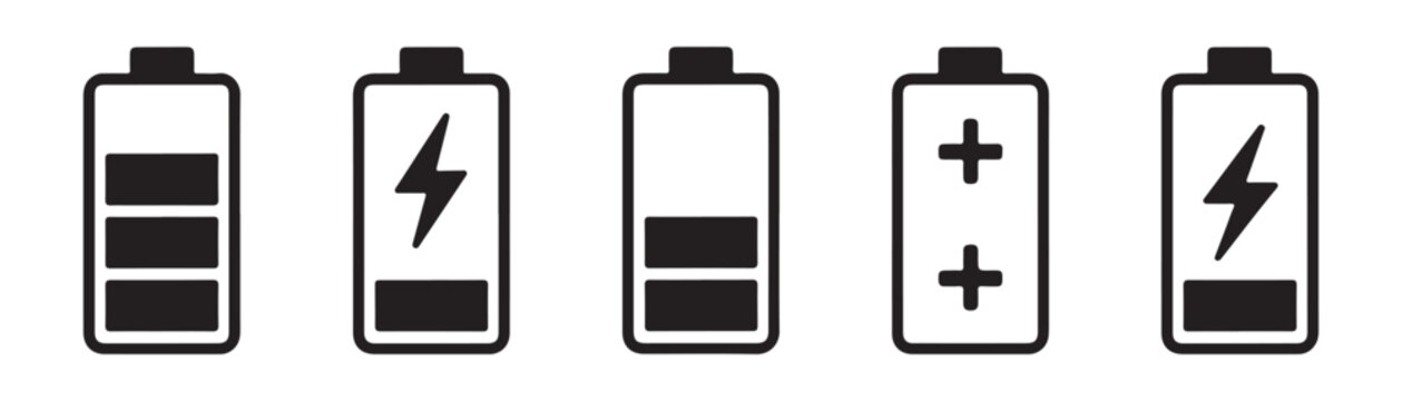 Vertical battery level status indicators for digital device power monitoring in flat design style.