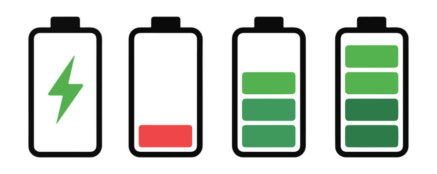 Battery charge status icons set showing different levels of power for mobile phones and digital devices.