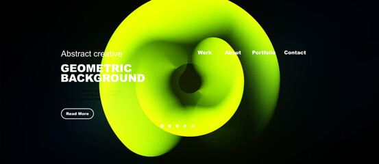 Plakat Abstract design features vibrant yellow shapes over dark background. Text includes geometric background, navigation options, plus call to action.