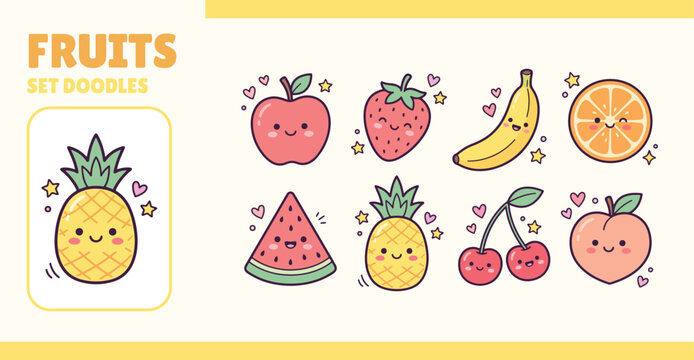 Cute cartoon fruit collection with happy faces