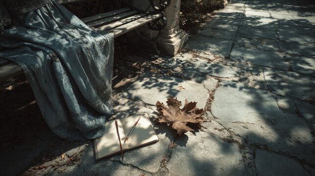 Autumn park bench scene with a girl sketching in a cream sketchbook, pencil tucked in spine, shaded stone path, gentle afternoon sunlight filtering through trees, fallen leaf detail, calm quiet mood