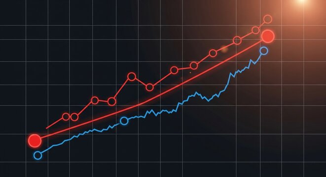 Abstract data visualization with glowing red and blue lines showing upward trend on a grid