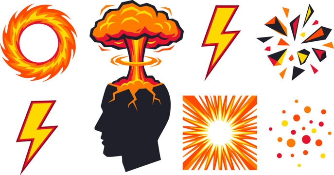 Mental Burnout and Anger Concept Vector Icon Set with Mind Exploding Mushroom Cloud Lightning Bolt and Fire Flash Elements for Stress Management Designs